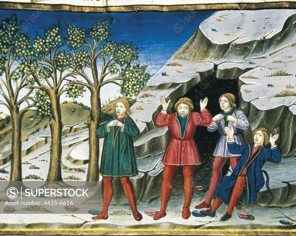 DE PREDIS, Cristoforo (1440-1486). Stories of Saint Joachim, Saint Anne, Virgin Mary, Jesus, the Baptist and the End of the World. 1476. The End of the World and the Last Judgement: Men will lleave the caverns unable to speak or hear (10th time). Renaissance art. Quattrocento. Miniature Painting. ITALY. PIEDMONT. Turin. Royal Library.