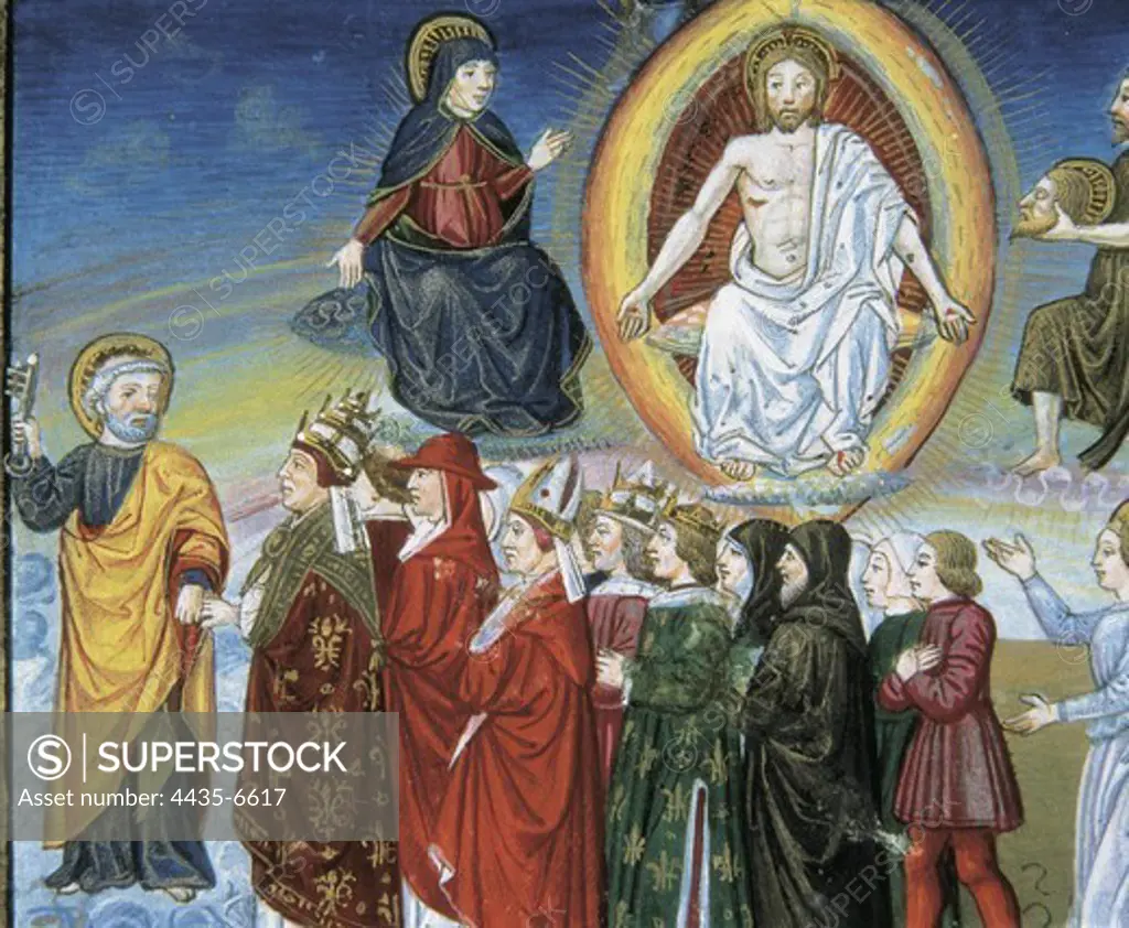 DE PREDIS, Cristoforo (1440-1486). Stories of Saint Joachim, Saint Anne, Virgin Mary, Jesus, the Baptist and the End of the World. 1476. The disciples go to preach among the people, as Jesus had told them. Renaissance art. Quattrocento. Miniature Painting. ITALY. PIEDMONT. Turin. Royal Library.