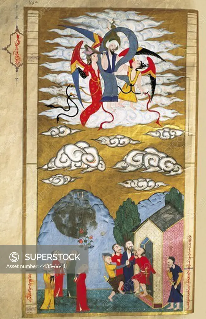 Illustration of the manuscript 'Zubdat Al-Tawarik' (1583) by Seyyid Loqman Ashuri. Ascension of Christ lifted by two angels (upper section), atonishment of the Jews and capture of Feltianus (lower section). Ottoman art. Miniature Painting. TURKEY. THRACE. Istanbul. Museum of Turkish and Islamic Arts.
