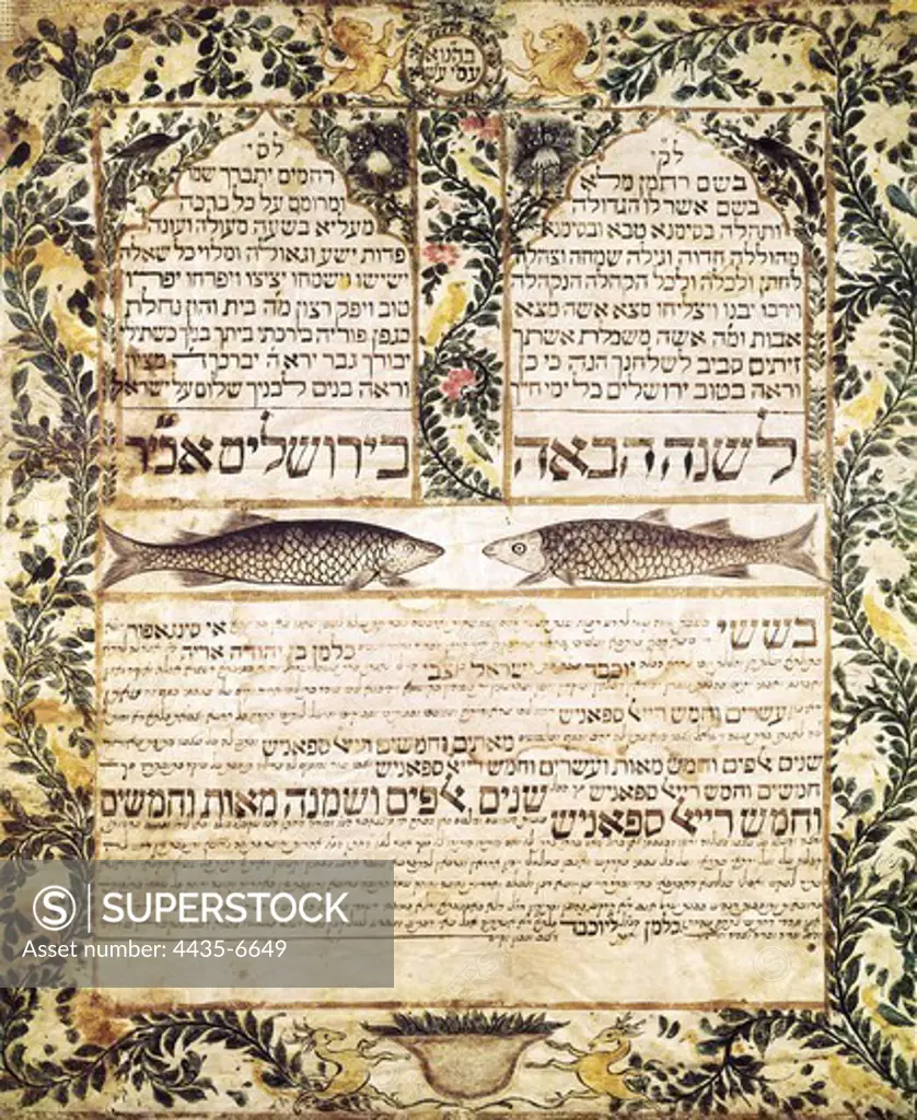 Marriage contract (ketubbah) between Kalman, son of Judah Aryeh and Jochebed, daughter of Israel Ben Zevi. Singapore, 1880. Decorated with two fishes, a symbol of fertility. Miniature Painting. ISRAEL. JERUSALEM. Jerusalem. Israel Museum.