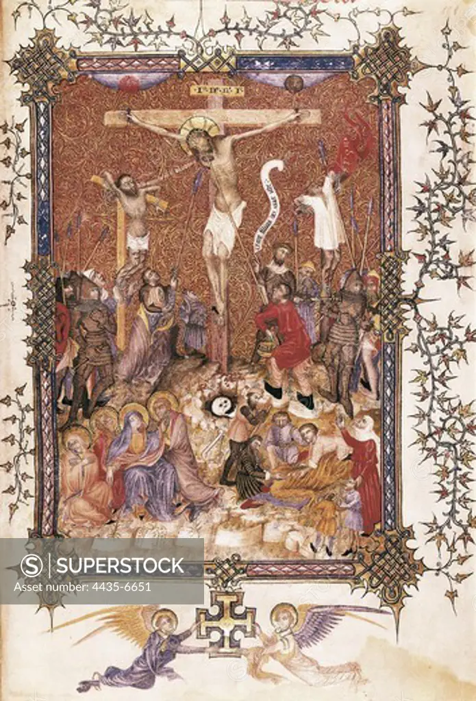 Missal. 1409. Representation of the Crucifixion. School of Avignon. Gothic art. Miniature Painting. SPAIN. MADRID (AUTONOMOUS COMMUNITY). Madrid. National Library.
