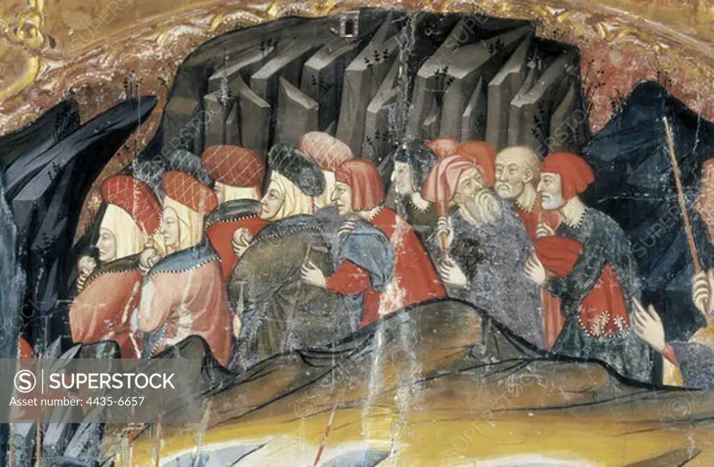 MUR, Ramon de  (Ë-1435). Guimera Altarpiece. 1402-1412. Detail with Israelites crossing the Red Sea. Gothic art. Tempera on wood. SPAIN. CATALONIA. BARCELONA. Vic. Vic Episcopal Museum. Proc: SPAIN. CATALONIA. LLEIDA. Guimerö.