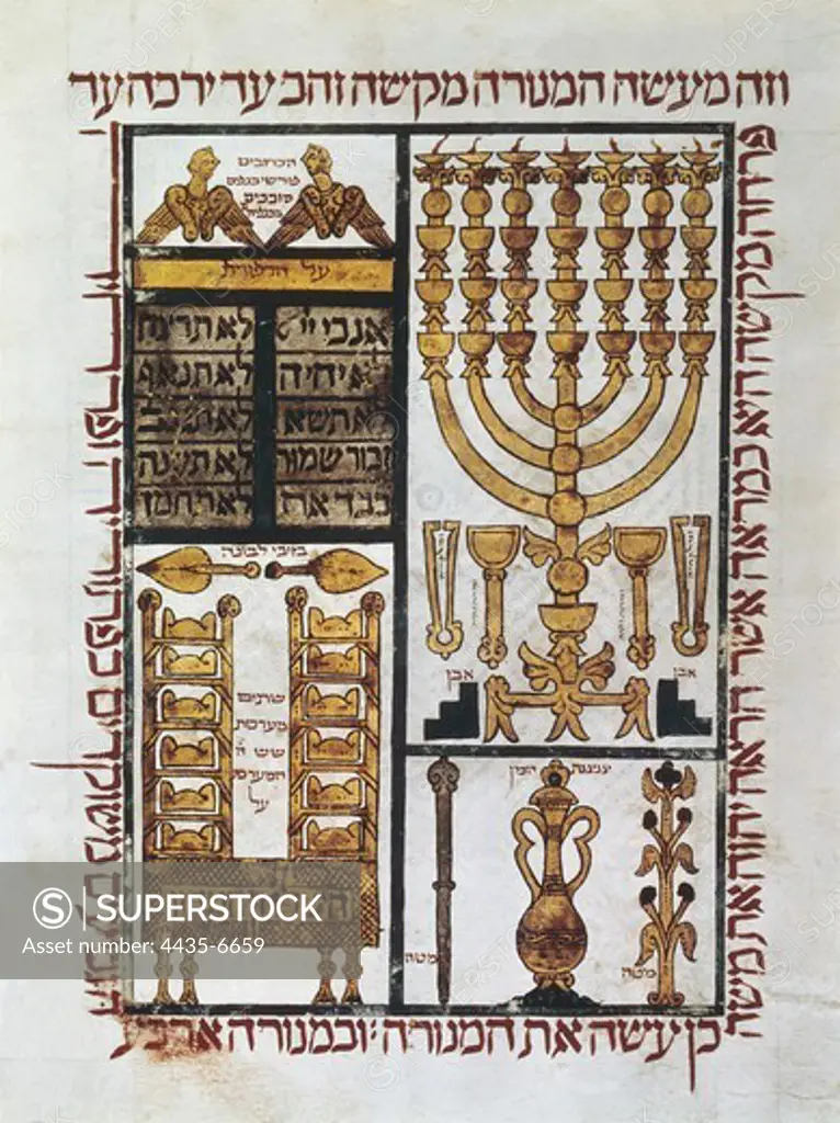 Hebrew Bible (1299) located in Perpignan (Kingdom of Mallorca). Folio 13. Representation of the Ark of the Covenant open showing the Tablets of the Law, two cherubim and objects of the Temple of Jerusalem (Solomon's Temple). Miniature Painting. FRANCE. LE-DE-FRANCE. Paris. National Library.