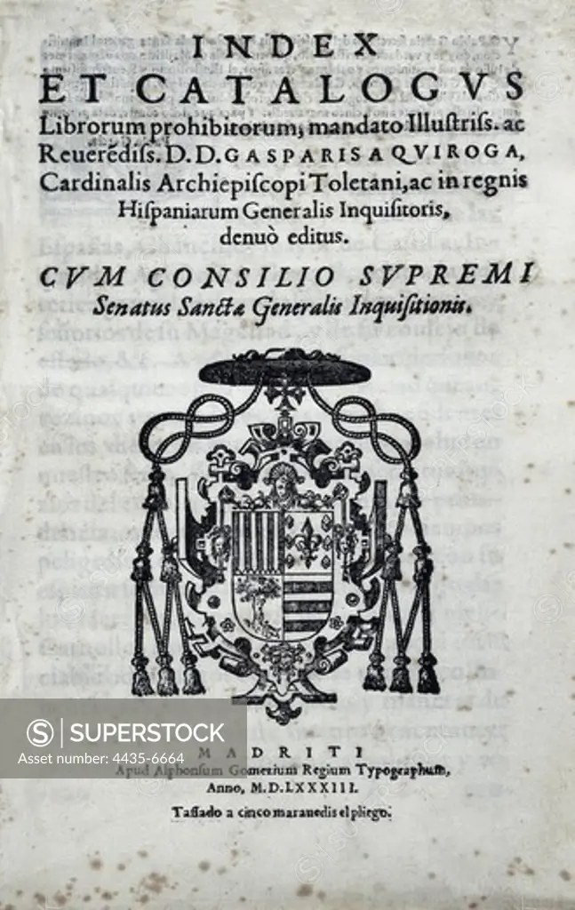 Index et catalogus librorum prohibitorum' (Index and catalog of Prohibited Books). List of publications prohibited by the Catholic Church to protect the faith and morals of the faithful by preventing the reading of immoral books, created by the Sacred Congregation of the Inquisition.