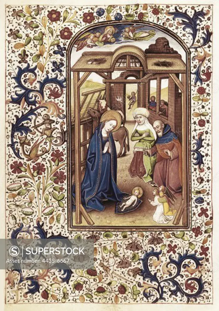 VRELANT, Willem (1410-1481). Book of Hours of Leonor de la Vega. 1465 - 1470. Nativity scene. Gothic art. Miniature Painting. SPAIN. MADRID (AUTONOMOUS COMMUNITY). Madrid. National Library.