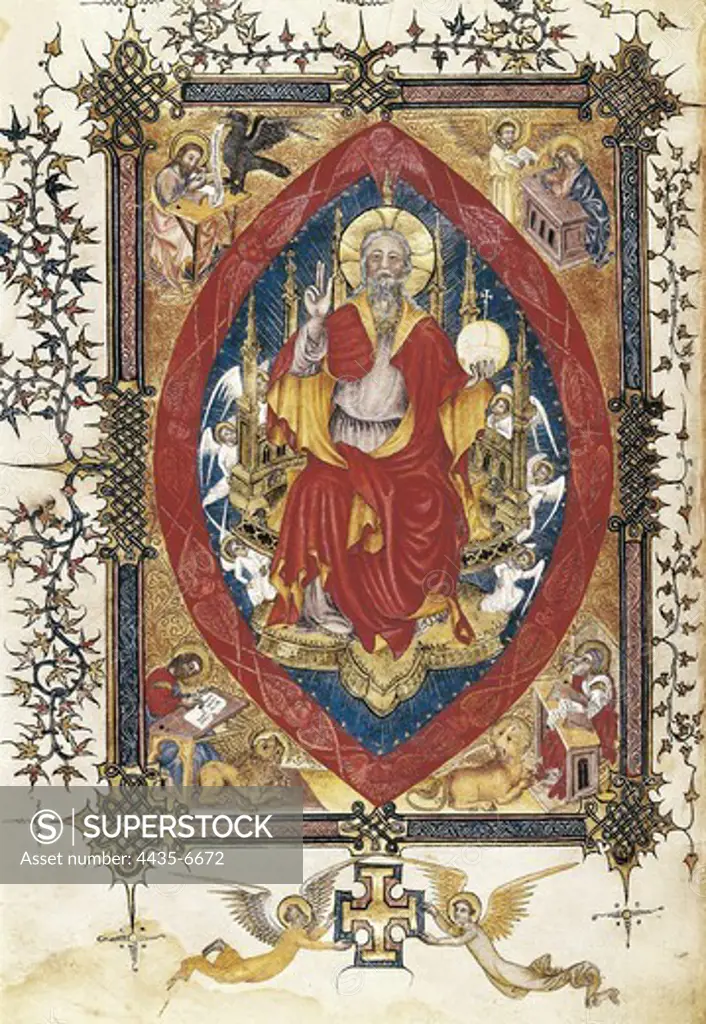 Missal. 1409. Depiction of the Majesty (Maiestas). School of Avignon. Gothic art. Miniature Painting. SPAIN. MADRID (AUTONOMOUS COMMUNITY). Madrid. National Library.
