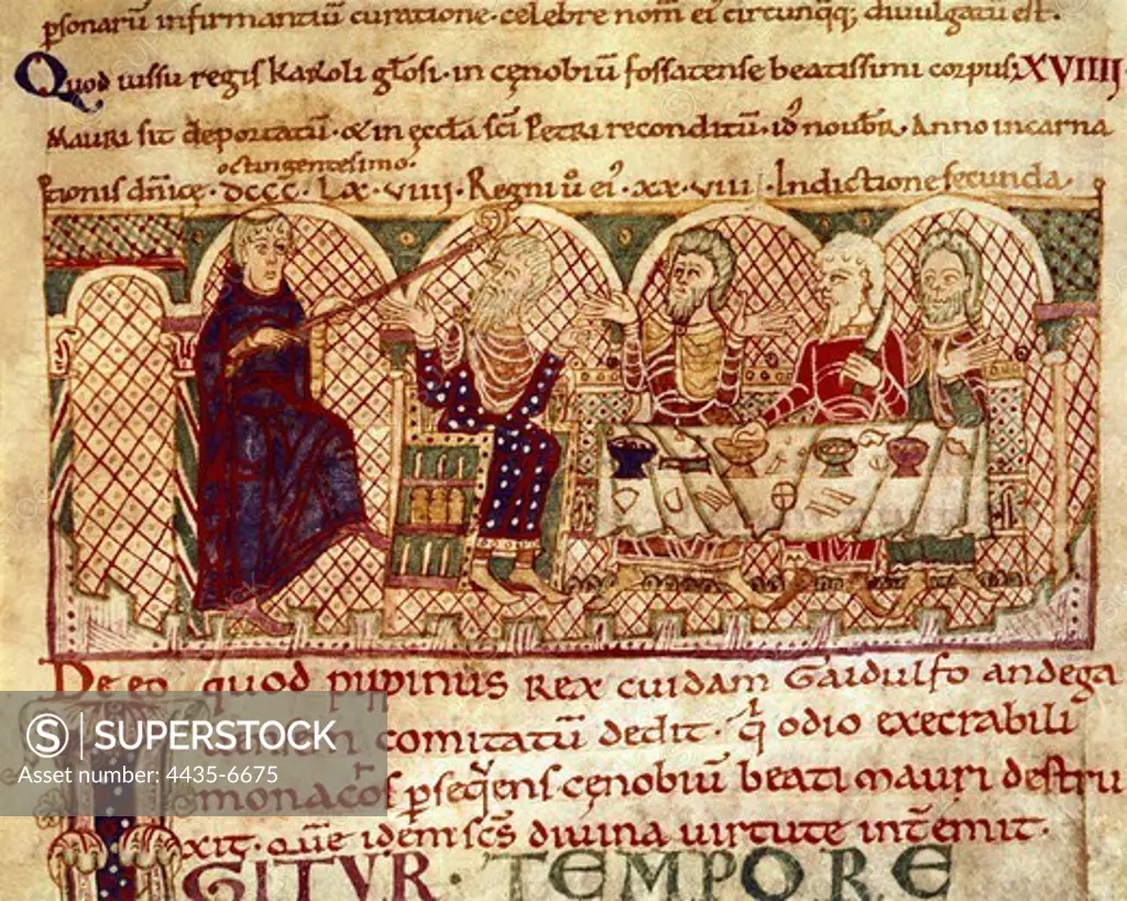 Life of Saint Mauro. 12th c. Saint Mauro hits Gaidulfo, count of Anjou, because he chases Moors. Romanesque art. Miniature Painting. FRANCE. CHAMPAGNE-ARDENNE. AUBE. Troyes. Bibliothque Municipale (Municipal Library).