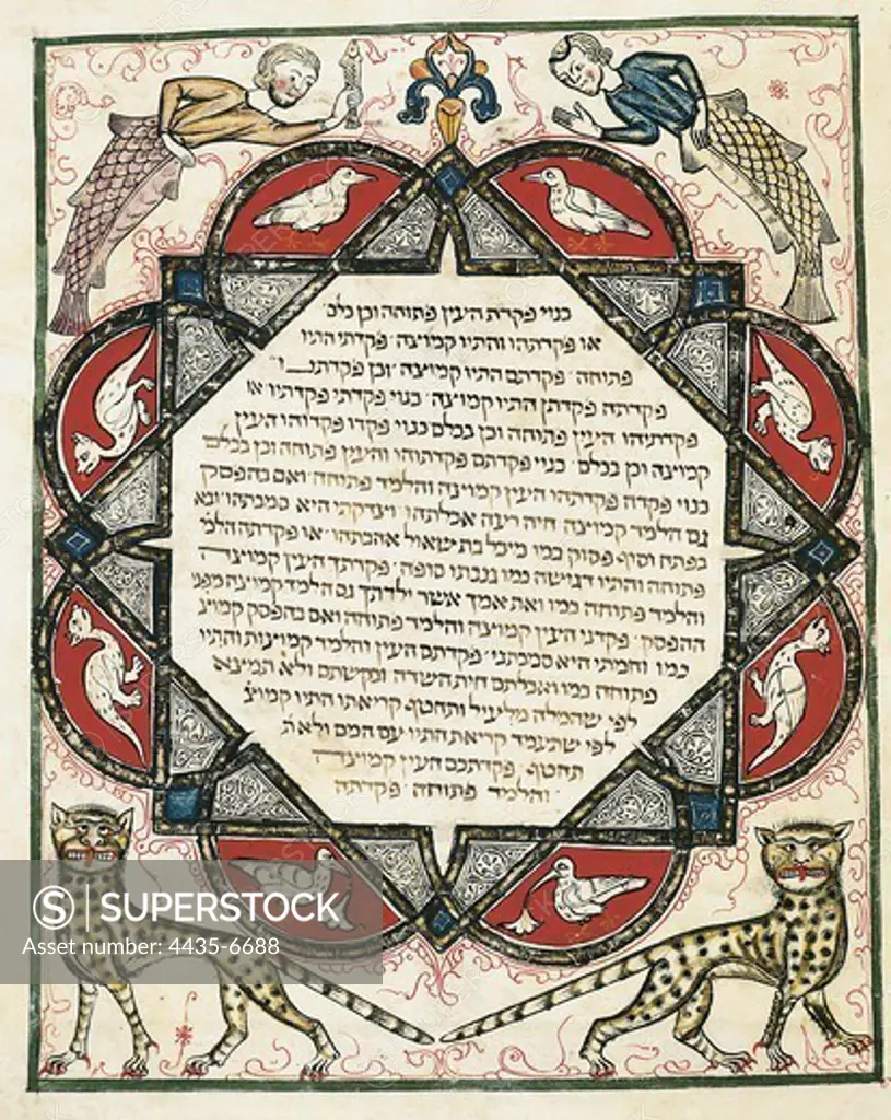 ASARFATI, Josef or Joseph (ca. 1299). Jewish Cervera Bible. ca. 1299. Fish with the heads of humans, birds and wildcats. It belongs to the grammatical treatise 'Sefer mikhlol' by David Qimhi (ca 1160 -1235). Folio 443. Text in Hebrew. Mozarabic art. Miniature Painting. PORTUGAL. Lisbon. National Library.
