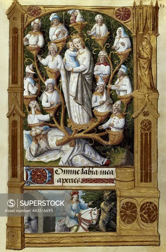 Book of Hours for Charles V. 16th c. French school. Cod. Vitr. 24-3. Folio 149. Tree of Jesse. According the prophecy of Isaiah, family tree after Jesse (sleeping), the father of King David. Renaissance art. Miniature Painting. SPAIN. MADRID (AUTONOMOUS COMMUNITY). Madrid. National Library.