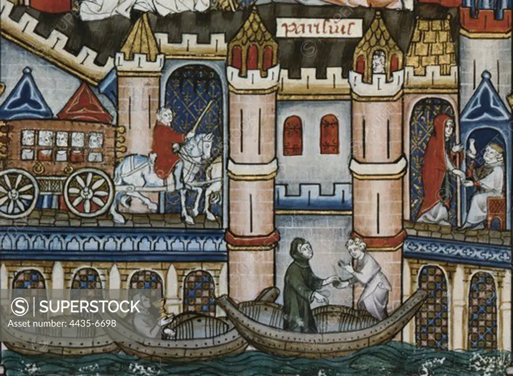 Scenes from 'Vie de St.Denis'. Saint Santin and Saint Antonino are called to write Saint Denis life. Page 125. Detail of Paris and the Seine at the bottom side. Gothic art. Miniature Painting. FRANCE. LE-DE-FRANCE. Paris. National Library.