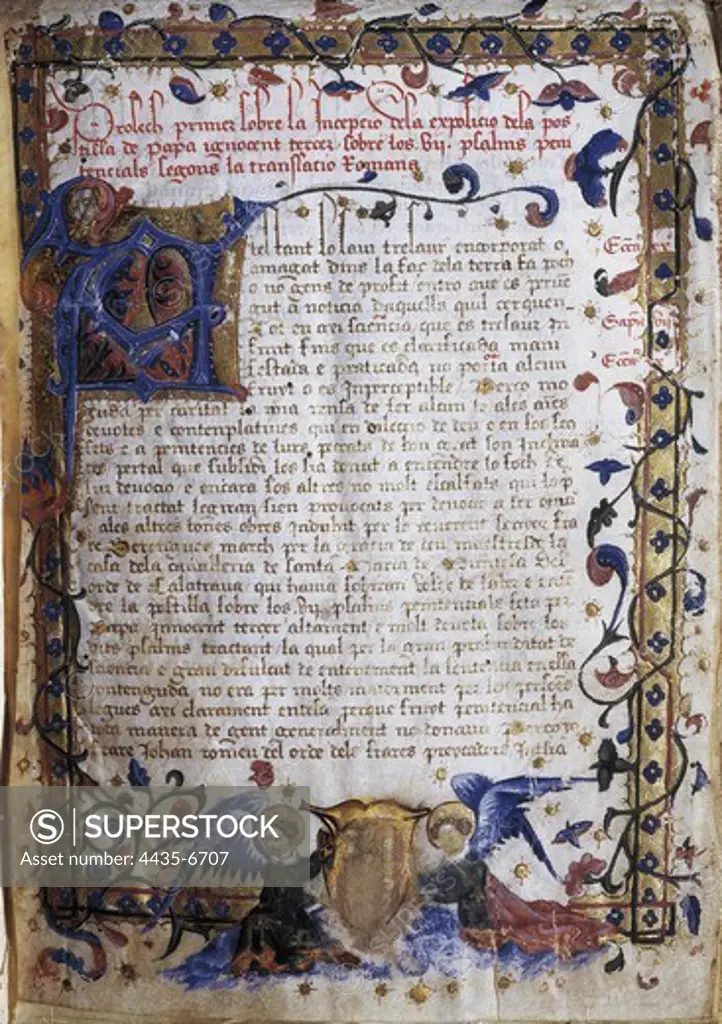 Penitential psalms of the Pope Innocent III written in Catalan. 15th c. In the bottom, Initial with coat of arms supported by two angels. Fol.1 v. Miniature Painting.