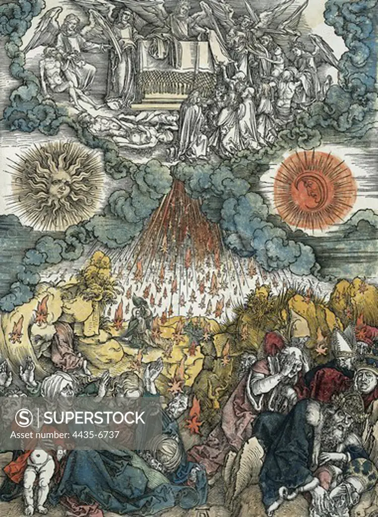DURER, Albrecht (1471-1528). Apocalypse of St. John. 1496-1498. Convulse world and meteor shower. Flemish art. Xylography. ITALY. VENETO. Venice. Correr Museum Library.