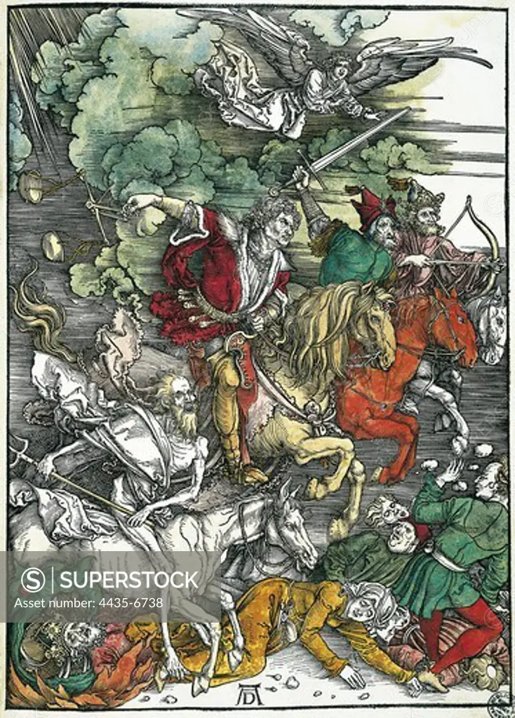DURER, Albrecht (1471-1528). Apocalypse of St. John. 1496-1498. Foiur Horsemen of the Apocalypse: Pestilence, War, Famine and Death. Xylography. ITALY. VENETO. Venice. Correr Museum Library.