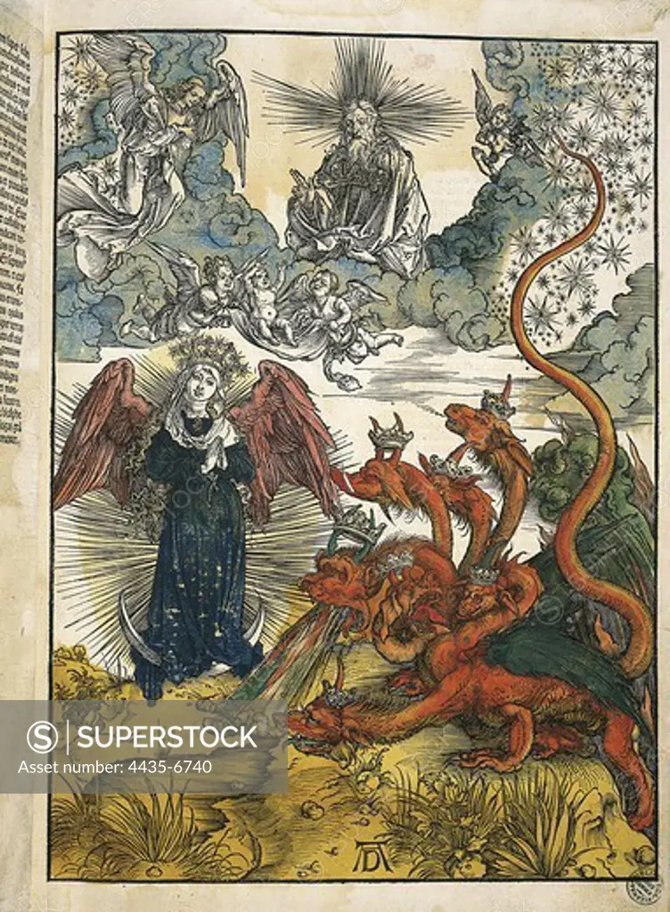 DURER, Albrecht (1471-1528). Apocalypse of St. John. 1496-1498. The Virgin stops the monster with seven heads. Flemish art. Xylography. ITALY. VENETO. Venice. Correr Museum Library.