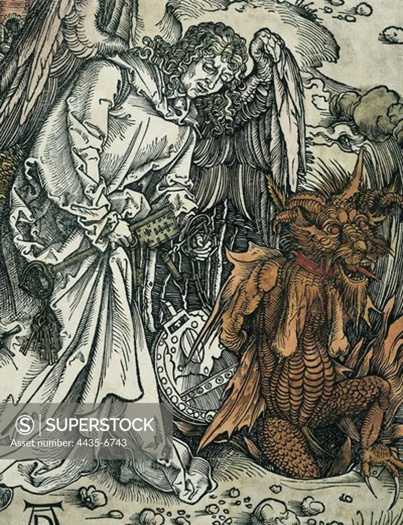 DURER, Albrecht (1471-1528). Apocalypse of St. John. 1496-1498. The Angel shuts again the Evil in Hell. Detail. Flemish art. Xylography. ITALY. VENETO. Venice. Correr Museum Library.