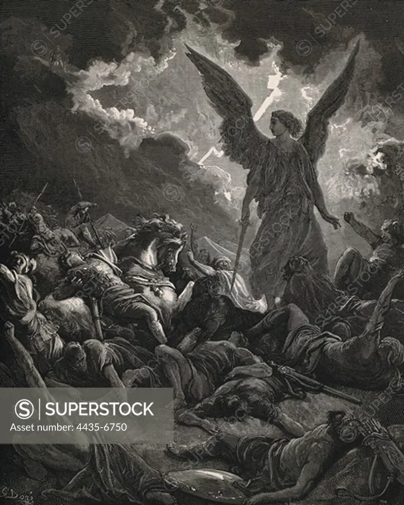 Dore, Paul Gustave (1832-1883). La Sainte Bible. 1866. Angel of Yahweh of the army of Sennacherib. Engraving.