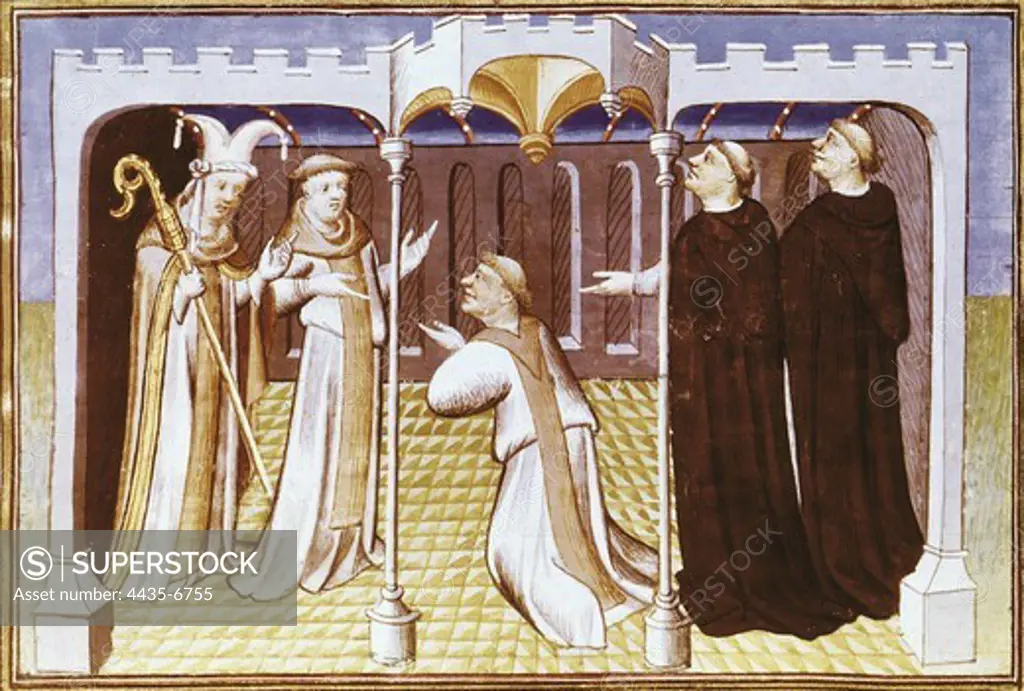 Friar Ricoldo da Monte di Croce before the Nestorians. Work by MaÓtre de Mazarine, 1410-1412. Gothic art. Miniature Painting. FRANCE. LE-DE-FRANCE. Paris. National Library.