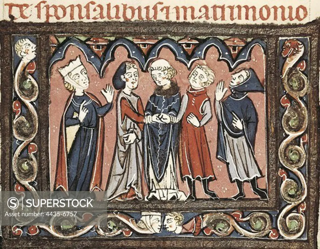 Medieval epistles by Juan Andr_s. Wedding scene. Gothic art. Miniature Painting. FRANCE. PICARDY. AISNE. Laon. Bibliothque municipale de Laon (Municipal Library of Laon).