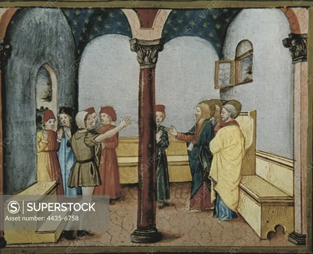 DE PREDIS, Cristoforo (1440-1486). Stories of Saint Joachim, Saint Anne, Virgin Mary, Jesus, the Baptist and the End of the World. 1476. Jesus cures the hand of a man in Saturday. Renaissance art. Quattrocento. Painting. ITALY. PIEDMONT. Turin. Royal Library.