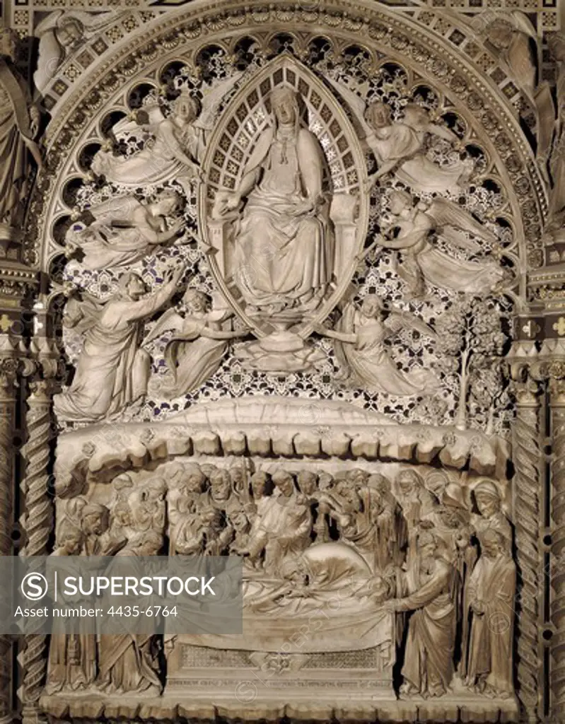 ORCAGNA, Andrea di Cione, called (1343-1368). Tabernacle. 1359. ITALY. Florence. Orsanmichele. Marble, lapis lazuli, gold and inlaid glass. Death and Assumption of the Virgin. Renaissance art. Trecento. Relief.
