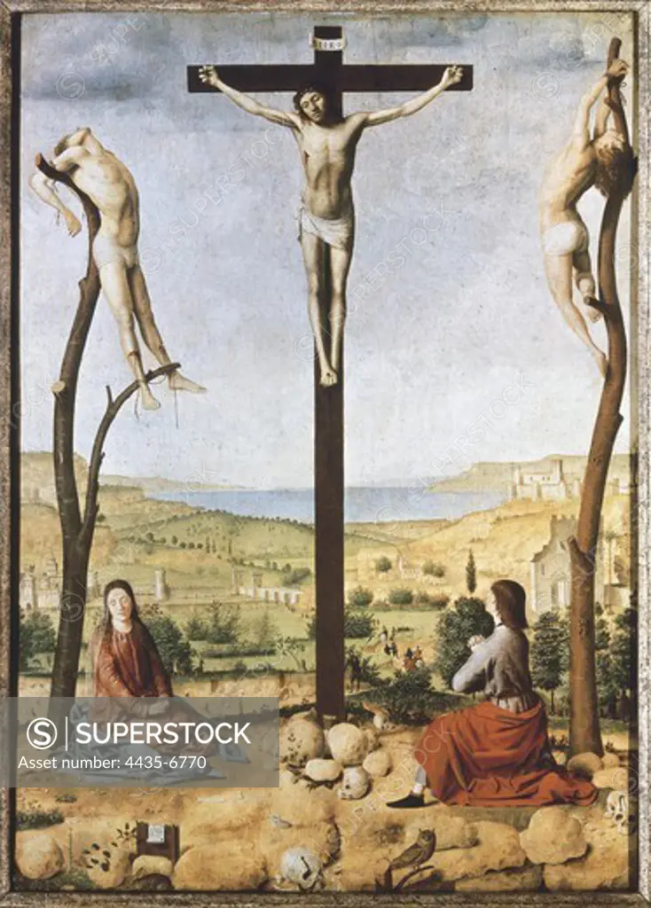 Antonello da Messina. Crucifixion. 1475. At his feet, the Virgin and Saint John the Evangelist. Renaissance art. Quattrocento. Oil on wood. BELGIUM. FLANDERS. ANTWERP. Antwerp. Royal Museum of Fine Arts.