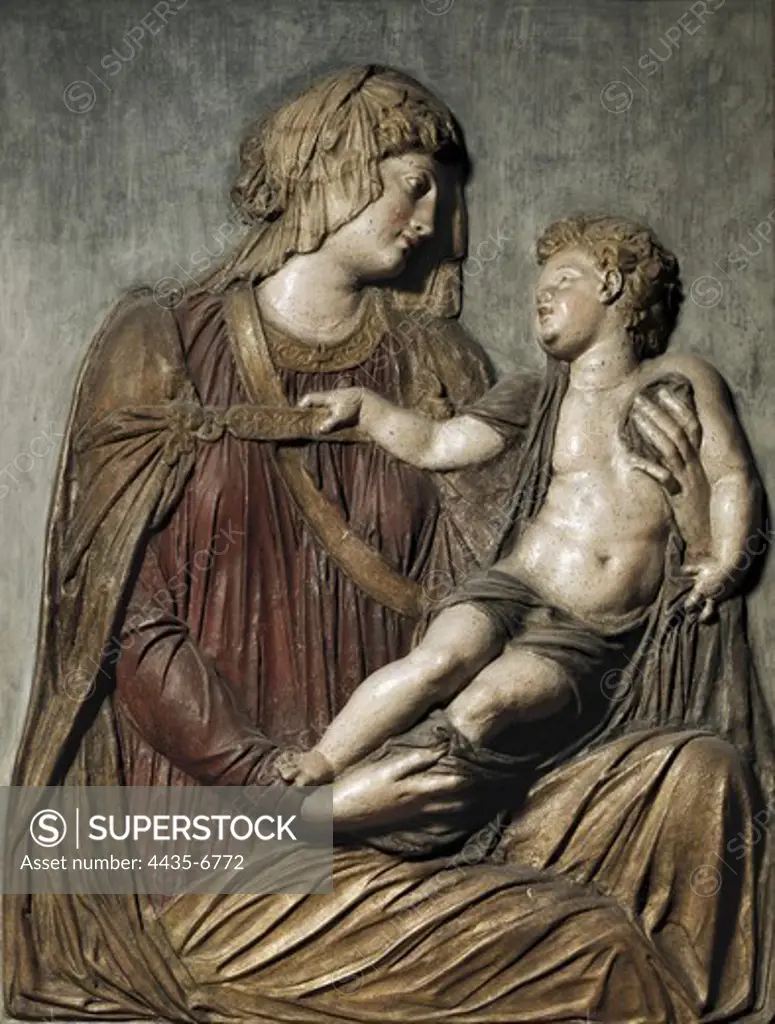 SANSOVINO, Jacopo Tatti, called (1486-1570). Madonna and Child. ca. 1527. Relief in multicoloured stucco. Renaissance art. Cinquecento. Relief on stucco. ITALY. TUSCANY. Florence. Bargello National Museum.