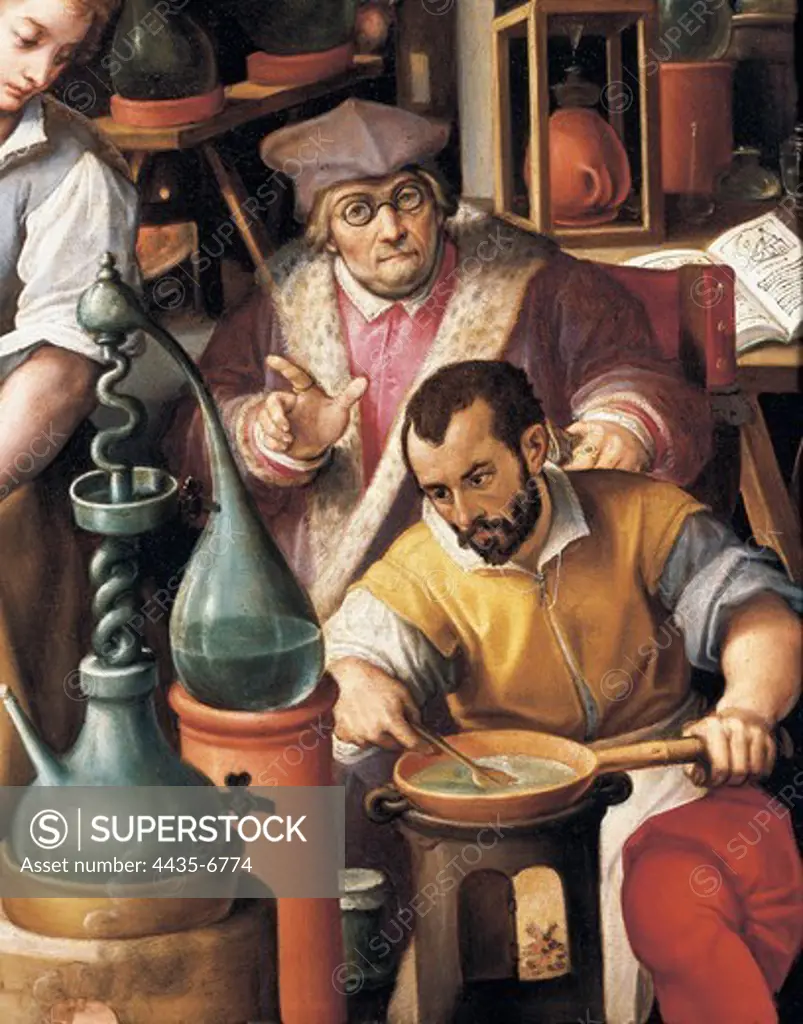 STRADANO, Giovanni (1523-1605). The Laboratory of Alchemy. ca. 1570. Lower right detail. Wolrk located at the Francis I's chamber.. Renaissance art. Cinquecento. Painting. ITALY. TUSCANY. Florence. Palazzo Vecchio (Old Palace).