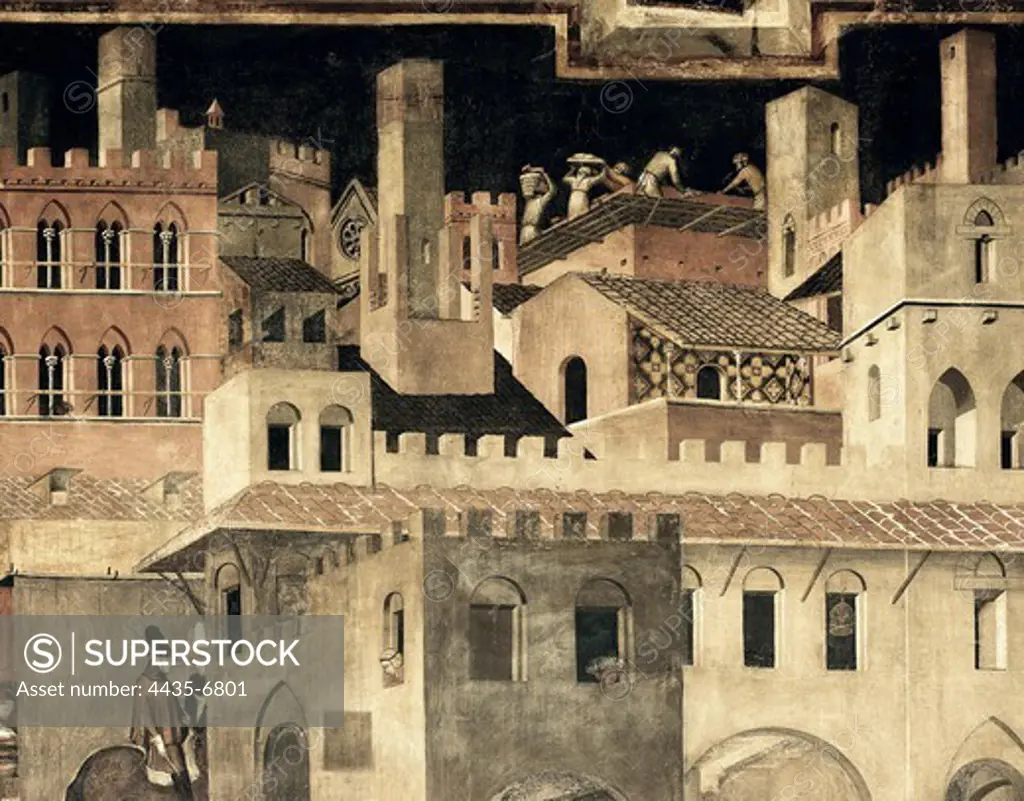 LORENZETTI, Ambrogio (1285-1348). Effects of Good Government on the City Life. First half 14th c. Detail. Renaissance art. Trecento. Fresco. ITALY. TUSCANY. Siena. Public Palace.