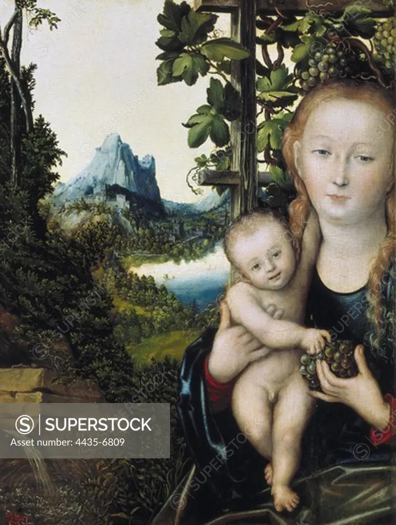 Cranach, Lucas, 'the Elder' (1472-1553). Madonna and child. ca. 1525. German school. Renaissance art. Oil on wood. RUSSIA. MOSCOW. Moscow. Pushkin Museum of Fine Arts.