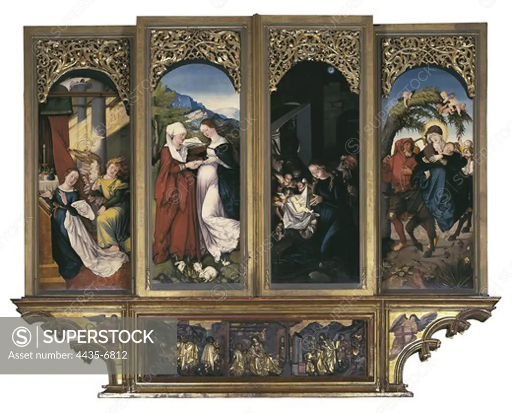 BALDUNG GRIEN, Hans (1485-1544). High Altar of Freiburg MŸnster. 1512-1516. GERMANY. Freiburg im Breisgau. MŸnster Cathedral. Exterior panels of the altar with scenes from the Life of the Virgin. From left to right, Annunciation, Visitation, Nativity and Flight into Egypt. Renaissance art. Painting.