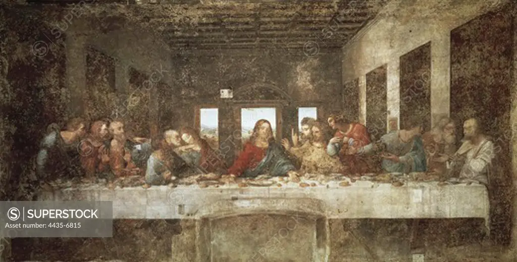 LEONARDO DA VINCI (1452-1519). The Last Supper. 1498. Renaissance art. Cinquecento. Mixed technic. ITALY. LOMBARDY. Milan. Santa Maria delle Grazie (St. Mary of Graces).
