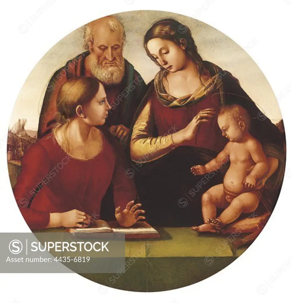 SIGNORELLI, Luca (1445-1523). Madonna and Child with Saint Joseph and Another Saint. 1490-1492. Renaissance art. Quattrocento. Painting. ITALY. TUSCANY. Florence. Pitti Palace.