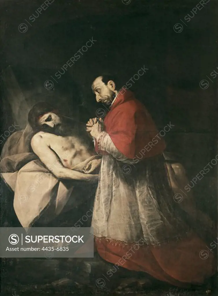 Crespi, Giovanni Battista (1575-1632). Saint Charles Borromeo before Dead Christ. 1610. The Saint is on his knees, meditating, before reclining Christ. Mannerism art. Oil on canvas. SPAIN. MADRID (AUTONOMOUS COMMUNITY). Madrid. Prado Museum.