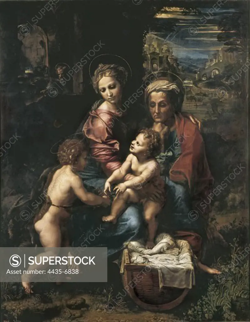 Raphael (1483-1520). The Holy Family (La Perla). ca. 1518. Saint Elizabeth, the Virgin and Child, and Saint John. In the background, Saint Joseph working as carpenter. Philip IV of Spain, when he bought it said 'Here is the pearl of my paintings!', origin of the painting's name. Painting commissionned by the coun. Renaissance art. Cinquecento. Oil on wood. SPAIN. MADRID (AUTONOMOUS COMMUNITY). Madrid. Prado Museum.