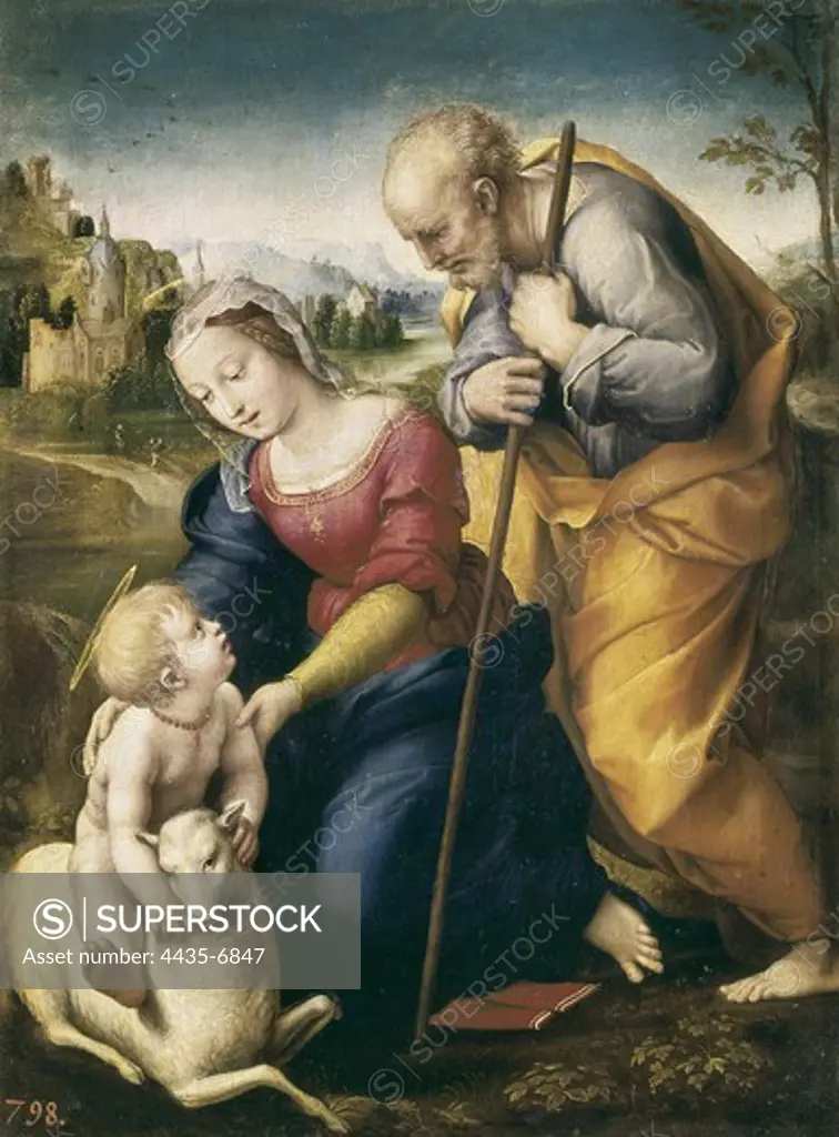 Raphael (1483-1520). The Holy Family with the Lamb. 1507. Renaissance art. Cinquecento. Oil on wood. SPAIN. MADRID (AUTONOMOUS COMMUNITY). Madrid. Prado Museum.