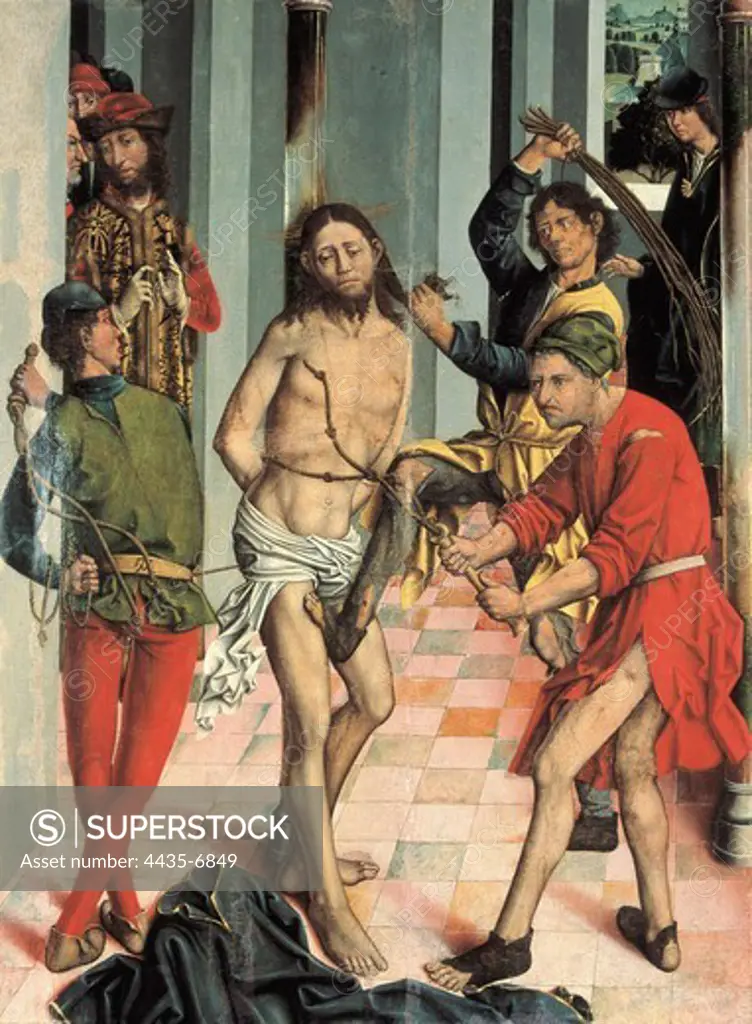 GALLEGO, Fernando (1440-1507). The Flagellation of Christ. 15th c. Renaissance art. Oil on wood. SPAIN. CASTILE AND LEON. Salamanca. Cathedral Diocesan Museum.