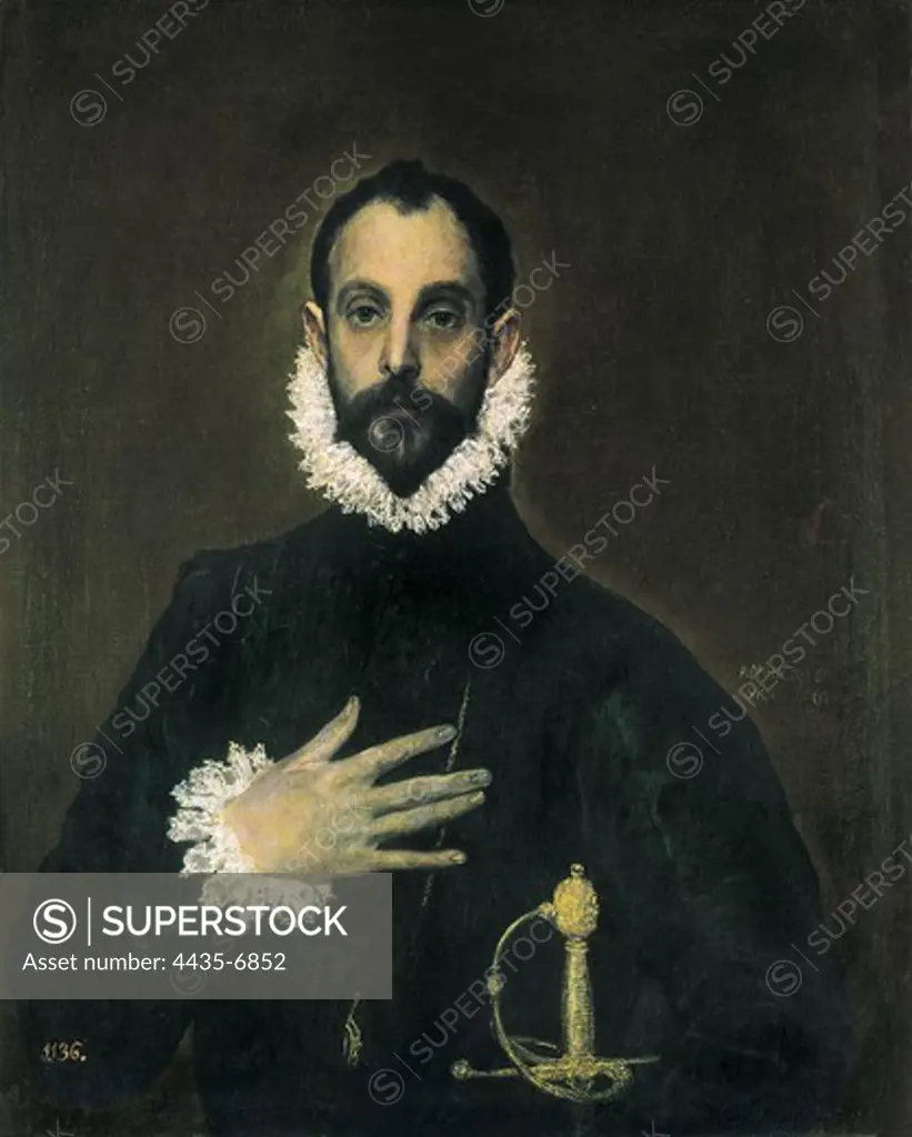 Greco, DomŽnikos Theotokpoulos, called El (1541-1614). The Nobleman with his Hand on his Chest. 1577. This man could be identified as Juan de Silva, Marquess of Montemayor. Maybe he lost his left arm. Mannerism art. Oil on canvas. SPAIN. MADRID (AUTONOMOUS COMMUNITY). Madrid. Prado Museum.