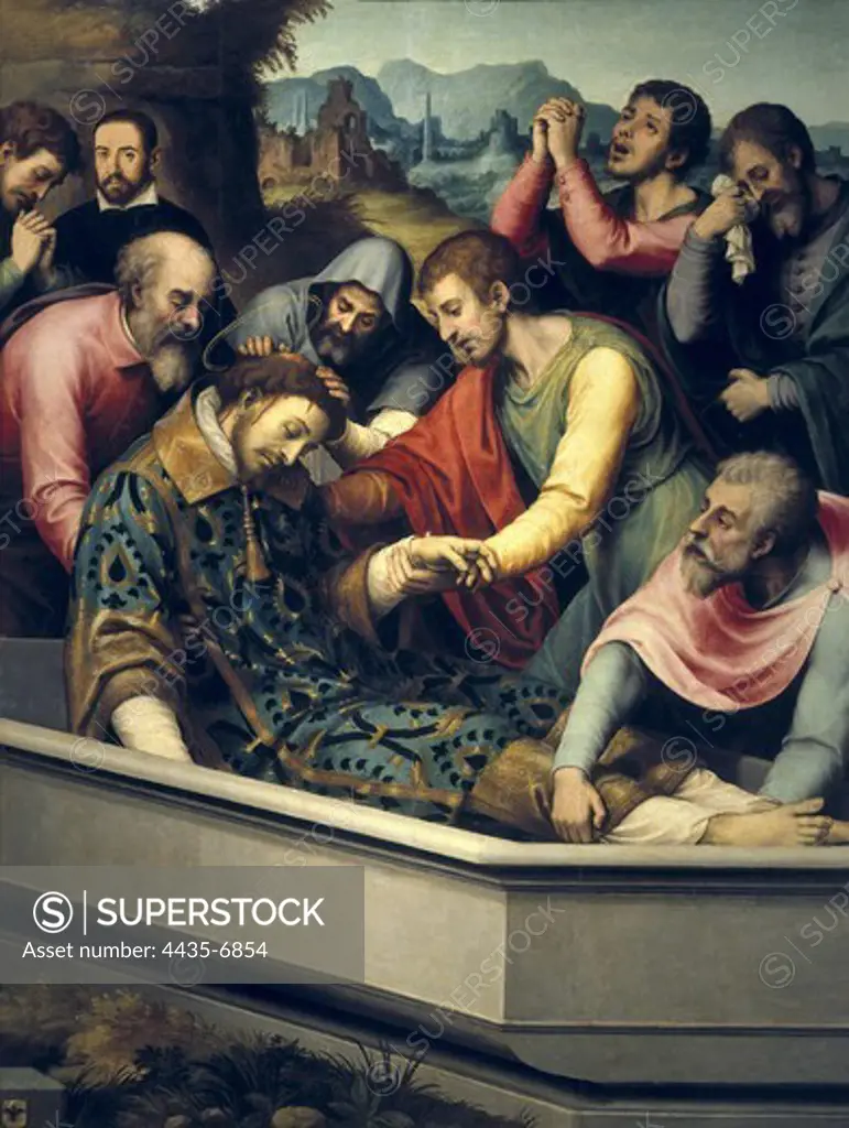JUANES, Juan de (1523-1579). The Burial of Saint Stephen. ca. 1560 - ca. 1565. Four males place him in the coffin, while three others attend the scene crying. This passage is in chapter 7, verse 2 of the 'Acts of the Apostles'. Renaissance art. Oil on wood. SPAIN. MADRID (AUTONOMOUS COMMUNITY). Madrid. Prado Museum.