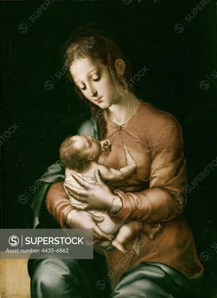 MORALES, Lus de (1515-1586). The Virgin and Child. 1525. Mannerism art. Oil on canvas. SPAIN. MADRID (AUTONOMOUS COMMUNITY). Madrid. Prado Museum.