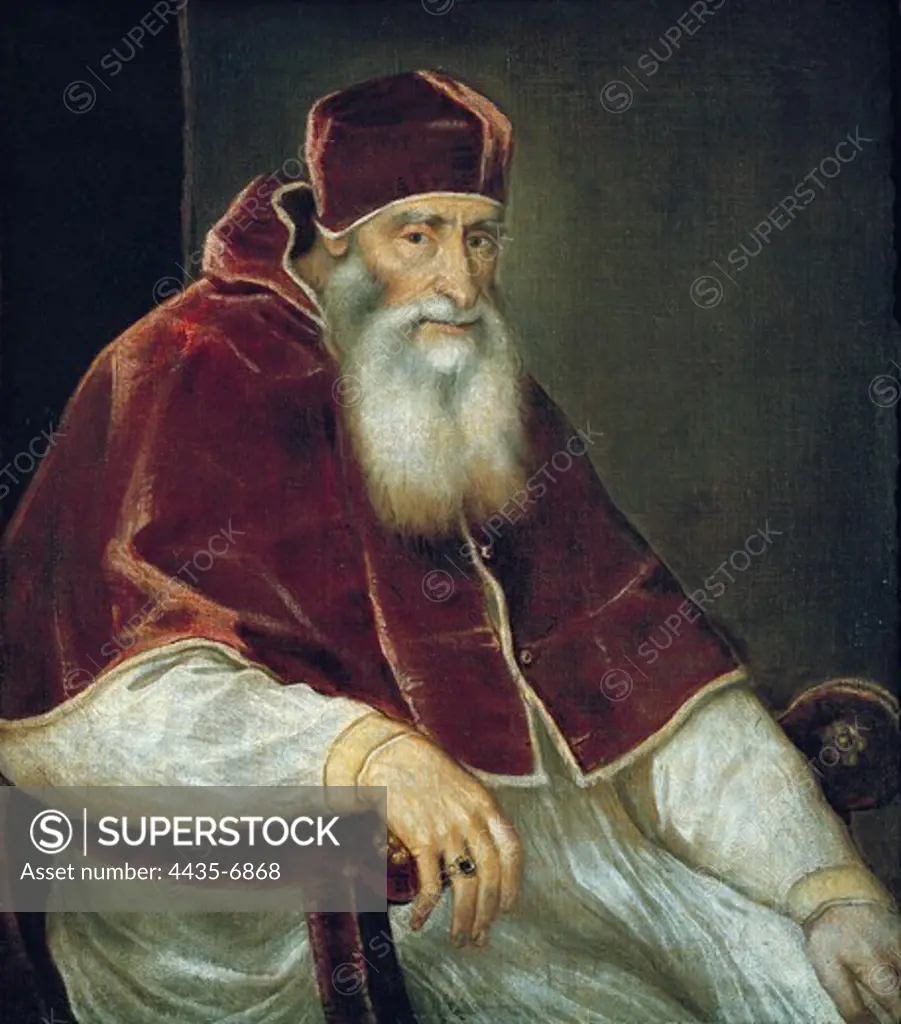 TTITIA, Tiziano Vecello, also called (1490-1576). Portrait of Pope Paul III. ca. 1547. Made by Titian and his atelier. Renaissance art. Cinquecento. Oil on canvas. RUSSIA. SAINT PETERSBURG. Saint Petersburg. State Hermitage Museum.