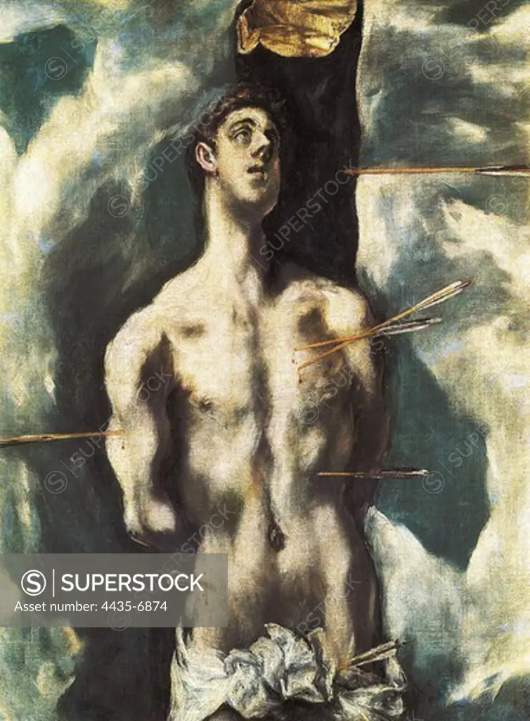 Greco, DomŽnikos Theotokpoulos, called El (1541-1614). Saint Sebastian. 1600 - 1605. Painting from his last period. Offered by Marchioness of Casa-Riera in memory of her father, Marquess of Casa-Torres in 1959. Mannerism art. Oil on canvas. SPAIN. MADRID (AUTONOMOUS COMMUNITY). Madrid. Prado Museum.