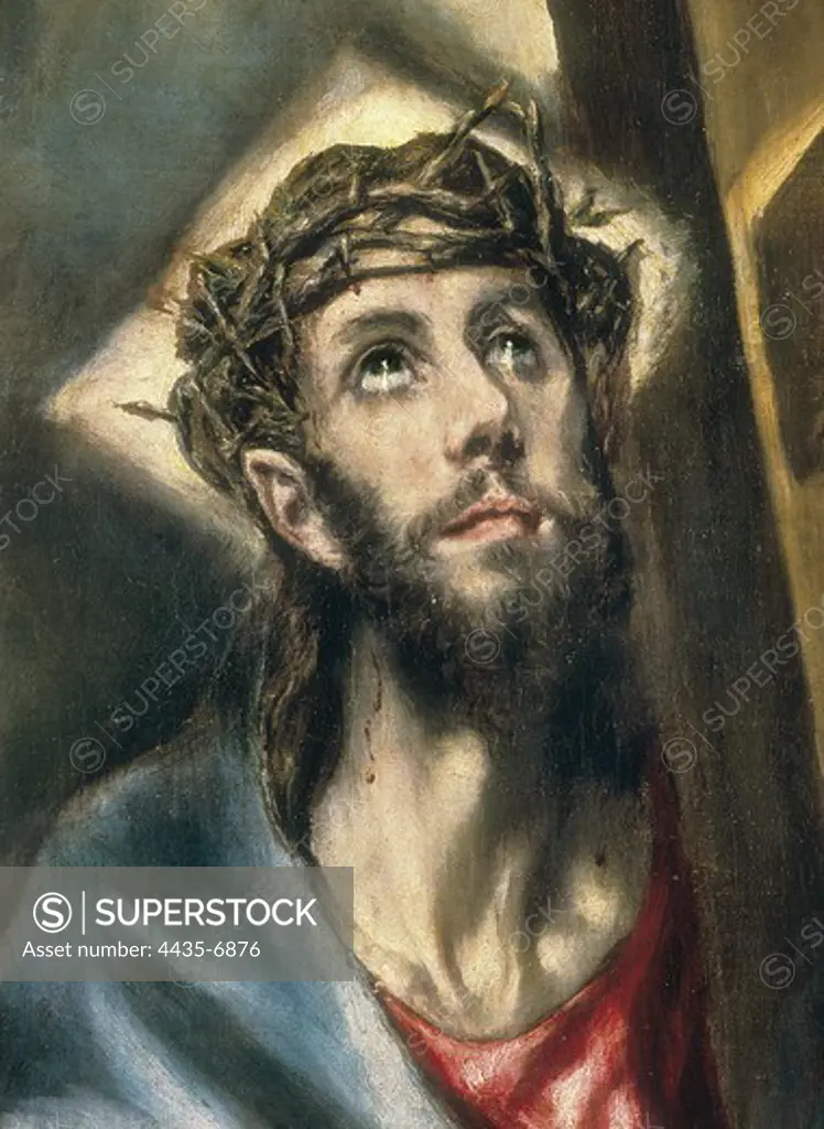 Greco, DomŽnikos Theotokpoulos, called El (1541-1614). Christ Clasping the Cross. 1594 - 1604. Detail of Christ's face. Mannerism art. Oil on canvas. SPAIN. MADRID (AUTONOMOUS COMMUNITY). Madrid. Prado Museum.