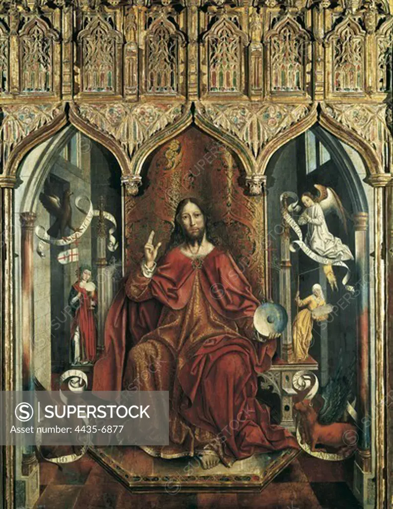 GALLEGO, Fernando (1440-1507). Christ Giving his Blessing. ca. 1494 - 1496. Detail. Christ seated in a throne, surrounded by the Tetramorph. The Church and the Synagogue are on the sides. Italian gothic. Oil on wood. SPAIN. MADRID (AUTONOMOUS COMMUNITY). Madrid. Prado Museum.