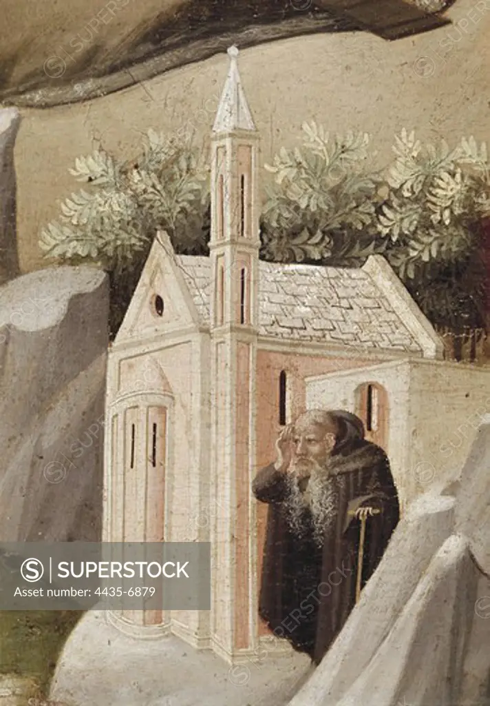 ANGELICO, Fra (1387-1455). The Thebaid (La Tebaide). ca. 1420. Upper left detail depicting a monk. Work attributed before to Gherardo Starnina. Renaissance art. Oil on wood. ITALY. TUSCANY. Florence. Galleria degli Uffizi (Uffizi Gallery).
