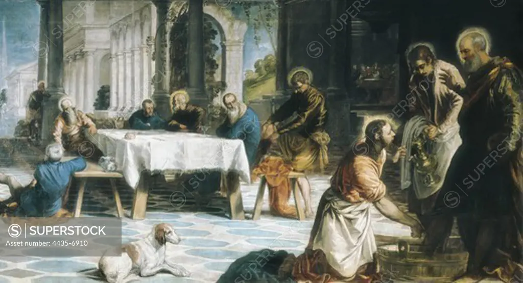 TINTORETTO, Jacopo Robusti, called Il (1518-1594). The Maundy (Christ Washing the Disciples' Feet). 1547. Work painted for the church of San Marcuola in Venice. Renaissance art. Cinquecento. Venetian school. Oil on canvas. SPAIN. MADRID (AUTONOMOUS COMMUNITY). Madrid. Prado Museum.