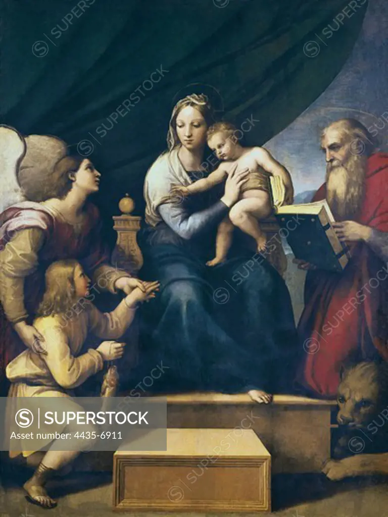 Raphael (1483-1520). The Madonna of the Fish (The Madonna with the Archangel Gabriel and St. ca. 1513. The Madonna with St. Jerome, the Archangel Gabriel and Tobias. Renaissance art. Cinquecento. Oil on canvas. SPAIN. MADRID (AUTONOMOUS COMMUNITY). Madrid. Prado Museum.