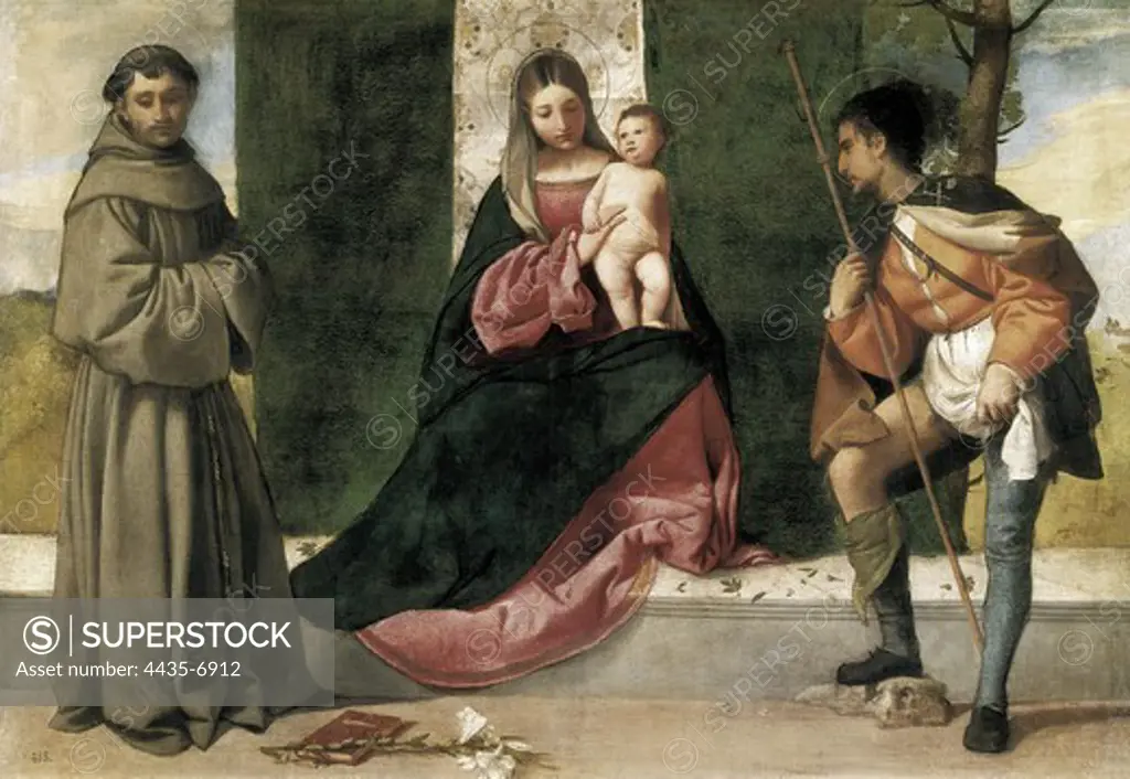 GIORGIONE, Giorgio da Castelfranco, called (1477-1510). Virgin and Child with St. 1500s. Renaissance art. Cinquecento. Venetian school. Oil on canvas. SPAIN. MADRID (AUTONOMOUS COMMUNITY). Madrid. Prado Museum.