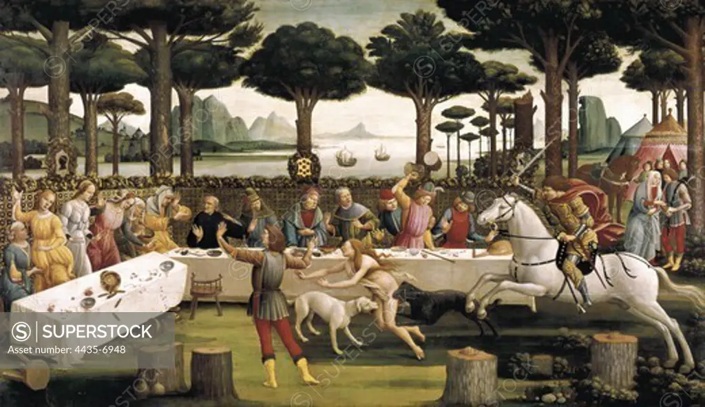 BOTTICELLI, Alessandro di Mariano dei Filipepi, also called Sandro (1445-1510). The Story of Nastagio degli Onesti: Nastagio Arranges a Feast at which the Ghosts Reappear. 1468. It is a part of a series of paintings that develops Boccaccio's Decamerone, the eighth story of the fifth journey. 3rd painting. Renaissance art. Quattrocento. Oil on wood. SPAIN. MADRID (AUTONOMOUS COMMUNITY). Madrid. Prado Museum.