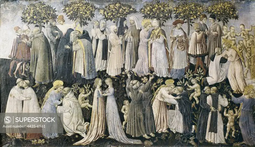 GIOVANNI DI PAOLO (1402-1482). The Universal Judgement. 15th c. Detail of Paradise. Siene school. Renaissance art. Quattrocento. Oil on wood. ITALY. TUSCANY. Siena. Pinacoteca Nazionale di Siena.