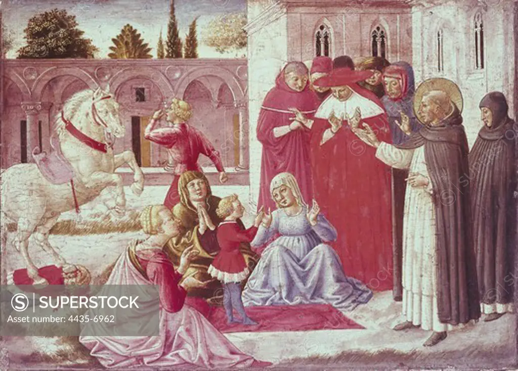 Gozzoli, Benozzo di Lese, called Benozzo (1420-1497). St Dominic Reuscitates Napoleone Orsini. 1461. Renaissance art. Quattrocento. Oil. ITALY. LOMBARDY. Milan. Pinacotheca of Brera.
